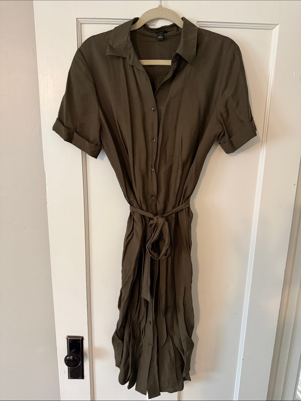 Ann Taylor Olive Green Button-Front Shirt Dress